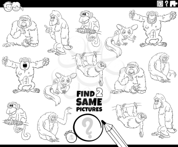 Black and white cartoon illustration of finding two same pictures educational game with funny animals characters coloring book page