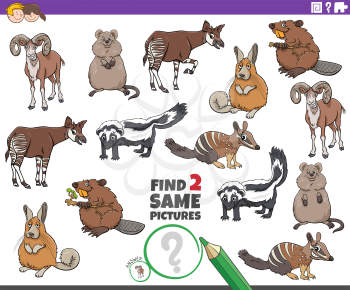Cartoon illustration of finding two same pictures educational game with comic wild animals characters