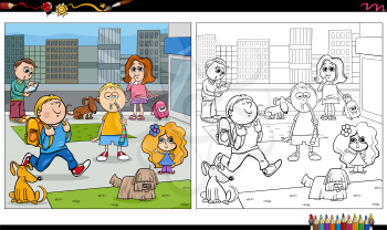 Cartoon illustration of kids and dogs characters group in the city coloring book page