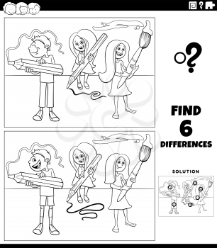 Black and white cartoon illustration of finding the differences between pictures educational game with students children coloring book page