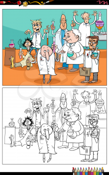 Cartoon illustration of scientists or inventors comic characters in laboratory coloring book page