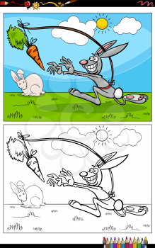 Cartoon illustration of dangle a carrot saying or proverb with rabbit comic character coloring book page