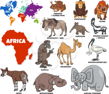 Educational cartoon illustration of African animal species set and world map with continents shapes
