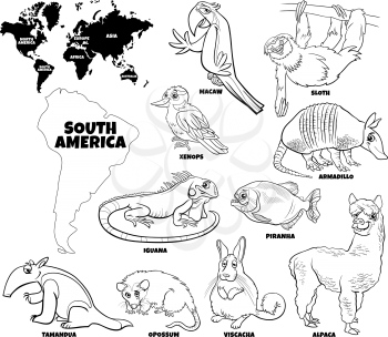 Black and white educational cartoon illustration of South American animal species set and world map with continents shapes coloring book page
