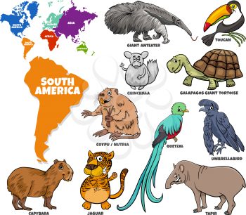 Educational cartoon illustration of South American animal characters set and world map with continents shapes