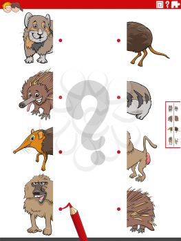 Cartoon illustration of educational game of matching halves of pictures with wild animals characters