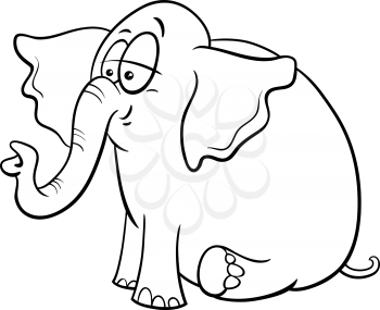 Black and white cartoon illustration of cute baby elephant comic animal character coloring book page