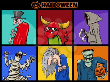 Cartoon illustration of comic Halloween characters set