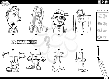 Black and white Ccartoon illustration of educational game of matching halves of pictures with comic zombies Halloween characters coloring book page