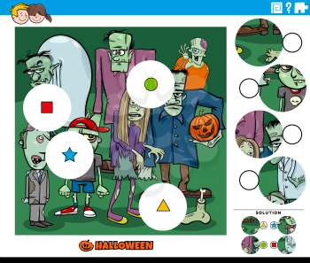 Cartoon illustration of educational match the pieces jigsaw puzzle task for children with zombies Halloween characters group