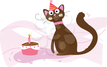 Royalty Free Clipart Image of a Cat With Birthday Cake