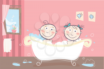 Royalty Free Clipart Image of Children in a Bath