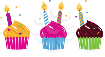 Royalty Free Clipart Image of Three Cupcakes With Candles