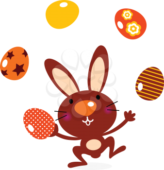 Royalty Free Clipart Image of a Rabbit Juggling Easter Eggs