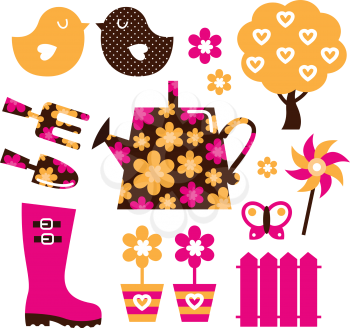 Royalty Free Clipart Image of Gardening Items, Plants and Bird