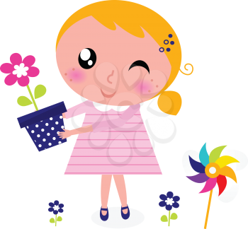 Royalty Free Clipart Image of a Girl With a Pinwheel and Flowers