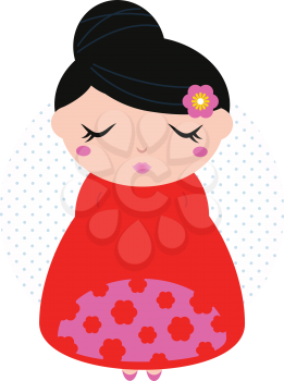 Pink and red japanese girl with black hair in dotted circle. Vector
