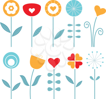 Retro spring flowers collection - orange, red and blue. Vector