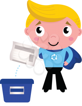 Little boy giving newspaper in recycle box. Vector Illustration