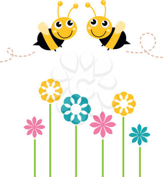 Lovely Bees flying around flowers. Vector cartoon Illustration