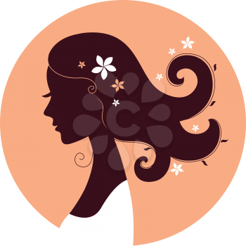 Floral woman head in circle ( brown and orange ). Vector
