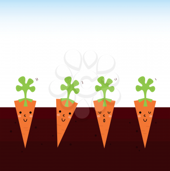 Funny Carrots growing in dark soil. Vector Illustration
