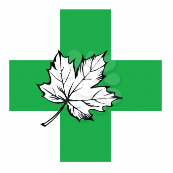 Royalty Free Clipart Image of a Maple Leaf on a Green Cross