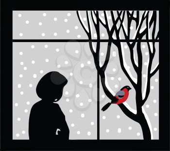 Royalty Free Clipart Image of a Girl Looking at a Bird