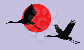 Royalty Free Clipart Image of Cranes Flying