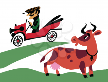 Royalty Free Clipart Image of a Person Driving by a Cow
