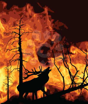 Royalty Free Clipart Image of a Deer Running From a Forest Fire