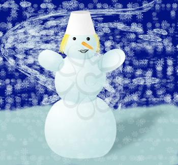 Royalty Free Clipart Image of a Snowman in the Snow