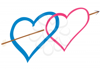 Royalty Free Clipart Image of Two Hearts Shot Through With an Arrow