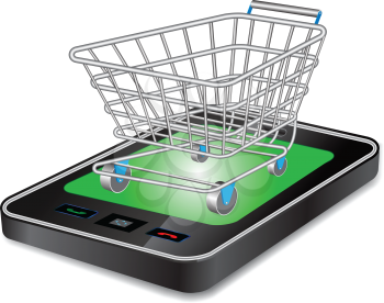 Royalty Free Clipart Image of a Shopping Cart on a Cellphone