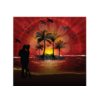 Royalty Free Clipart Image of a Couple on the Beach at Sunset and an Island in the Background