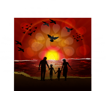 Royalty Free Clipart Image of a Silhouetted Family at the Beach