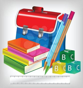 Royalty Free Clipart Image of a Book Bag With Books, Blocks and Pencils