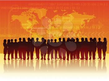 Royalty Free Clipart Image of a Business Team in Front of a Map of the World