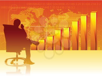 Royalty Free Clipart Image of a Businessperson in a Chair With a Graph Behind Him
