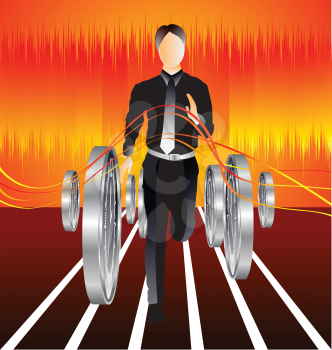 Royalty Free Clipart Image of a Man Running Between Wheels
