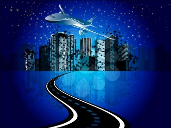 Royalty Free Clipart Image of a Road to a City With a Plane Over It