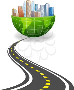 Royalty Free Clipart Image of Buildings on Top of Half a Globe at the End of a Road