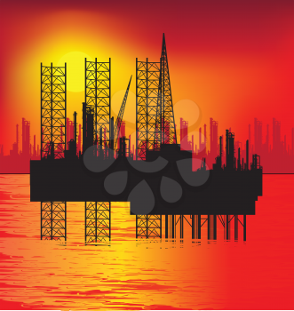 Royalty Free Clipart Image of an Oil Rig at Sea at Sunrise