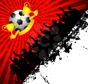 Royalty Free Clipart Image of a Soccer Ball With Trophies and Cheering People