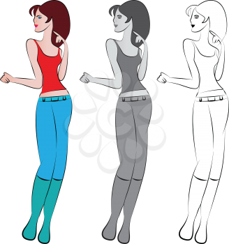 Royalty Free Clipart Image of a Girl in Three Different Colourings