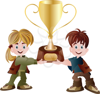 Royalty Free Clipart Image of a Girl and Boy Holding a Trophy
