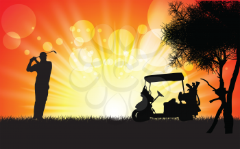 Royalty Free Clipart Image of a Silhouetted Golfer and Cart