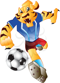 Royalty Free Clipart Image of a Tiger Kicking a Soccer Ball