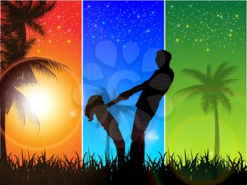 Royalty Free Clipart Image of a Father and Daughter Against a Tri-Coloured Tropical Background
