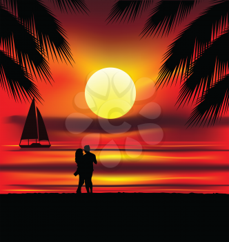 Royalty Free Clipart Image of Two Silhouettes on the Beach